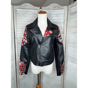 Blind Date Casual Embroidered Cropped Faux Leather Moto Jacket Black Women's S